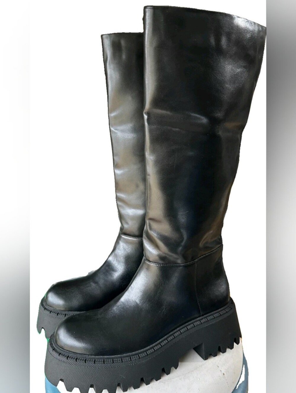 ZARA Black Knee High Boots Chunky Platform Lug Sole Pull On Women Sze 40 (9.5)